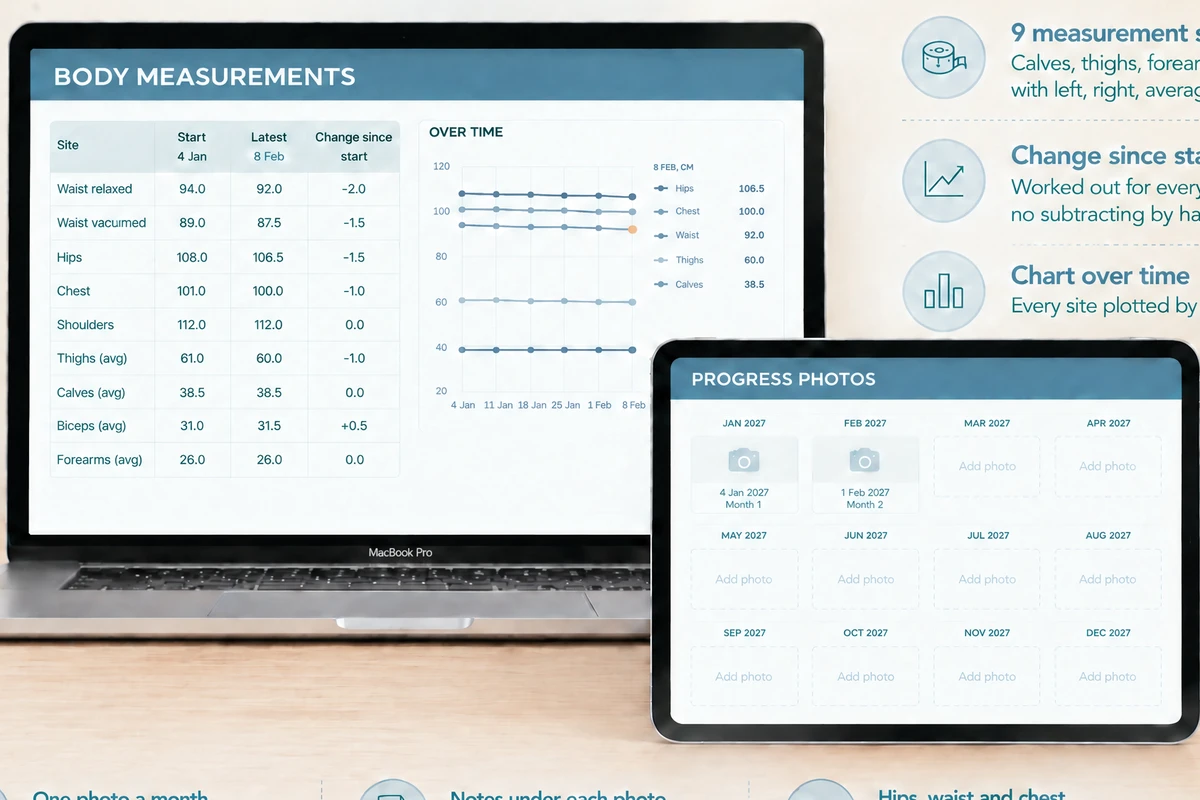 The Body Measurements tab with start, latest and change since start for each site, beside the Progress Photos tab with 12 dated monthly slots