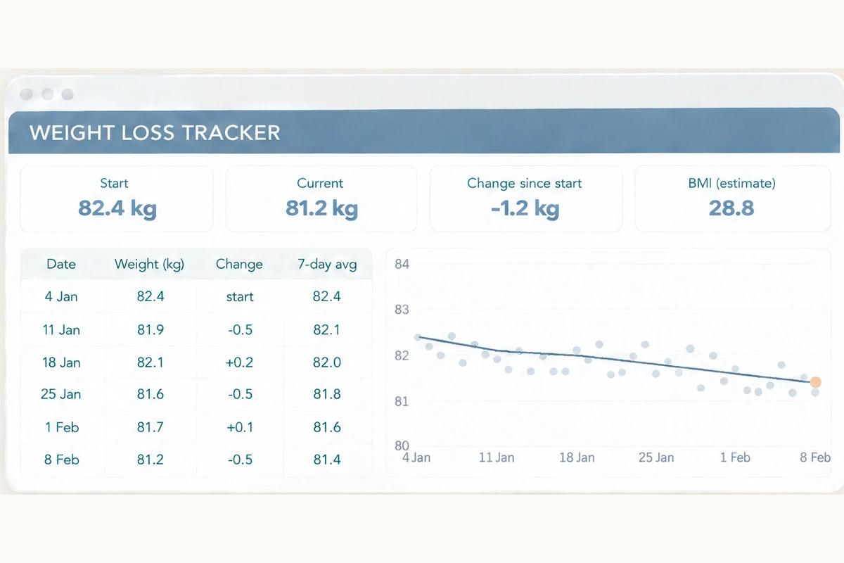 The Weight Loss Tracker tab with example data: weigh-in dates, weight, change, 7-day average, and a trend chart with a calm line through daily dots