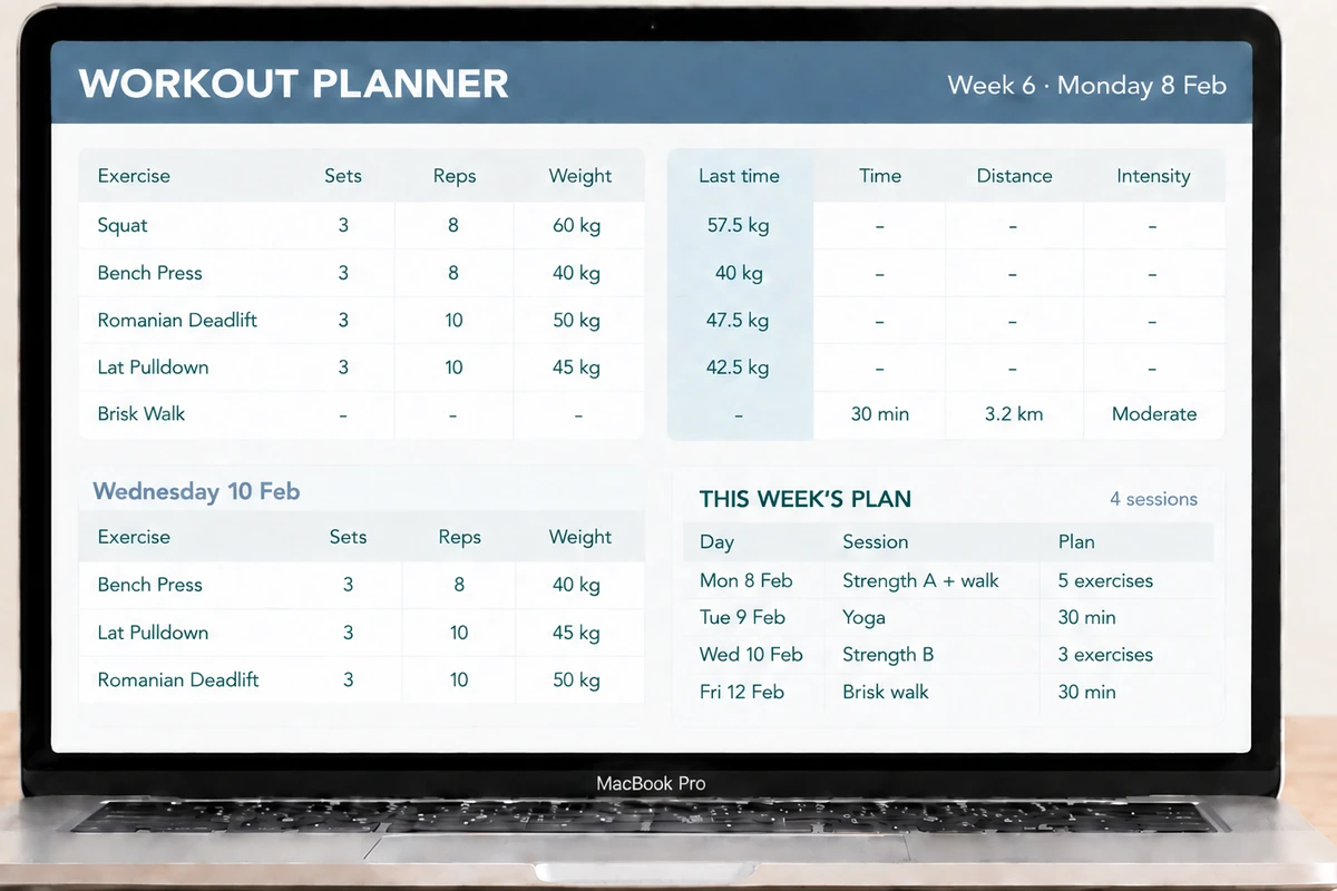 The Workout Planner tab with sets, reps and weight for each exercise and the previous weight shown in a Last time column