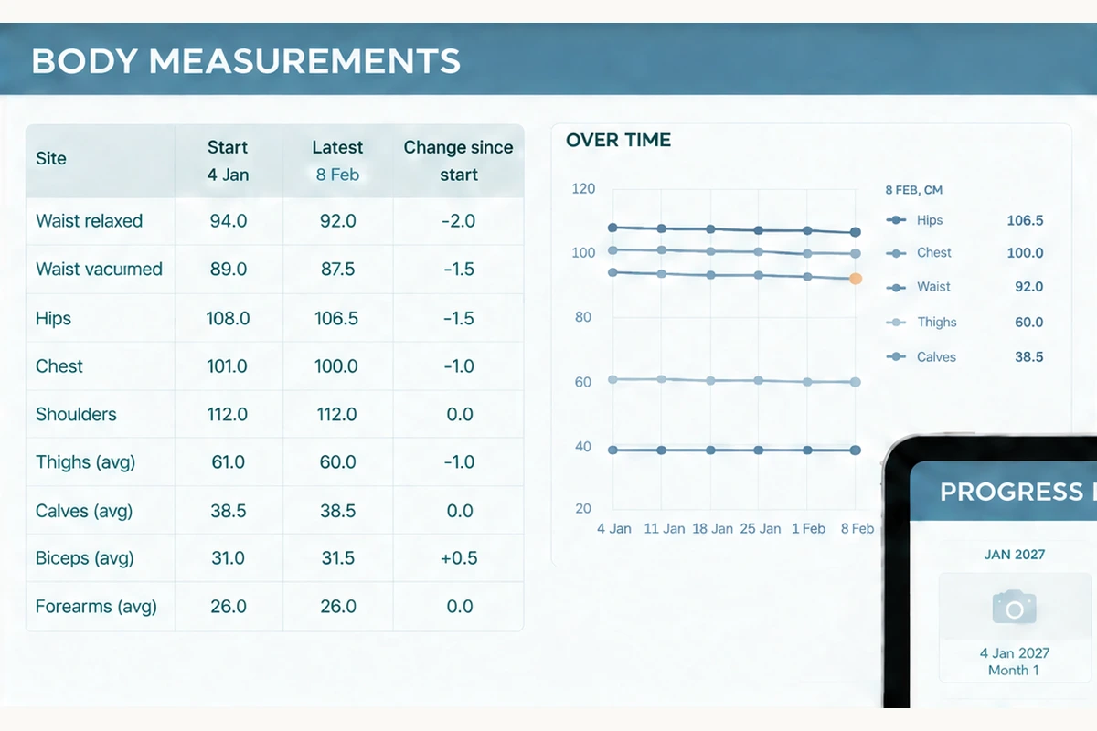 Body Measurements tab of the Ultimate Fitness Tracker spreadsheet: start, latest and change since start for each site, with an over-time chart of hips, chest, waist, thighs and calves