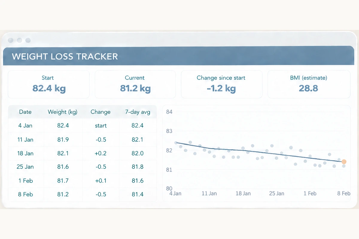 Weight tab of the Ultimate Fitness Tracker spreadsheet: weigh-ins with the 7-day average and change since start beside each row, and a trend chart